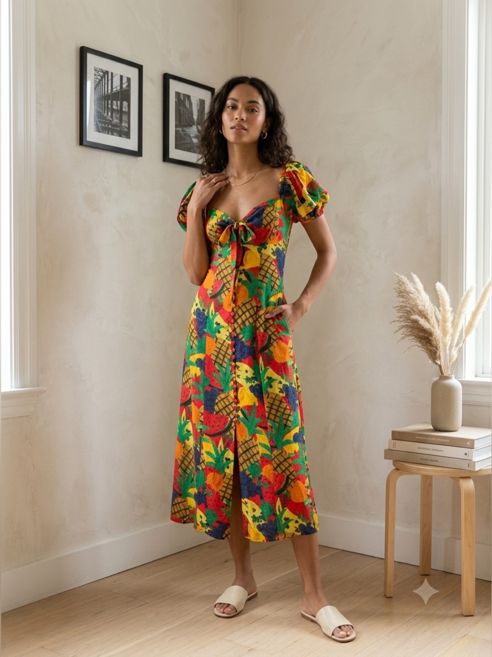 Farm Rio Fruit Salad Midi Dress Small Tropical Print Square Neck NWT